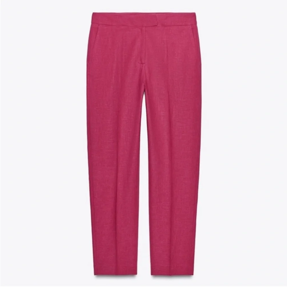 NWT Zara Linen Blend Slim Straight Pants in Fuchsia Pink Size S